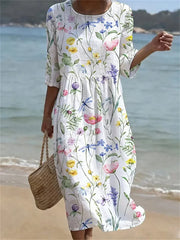 Casual Floral Print Round Neck 3/4 Sleeve  Dress
