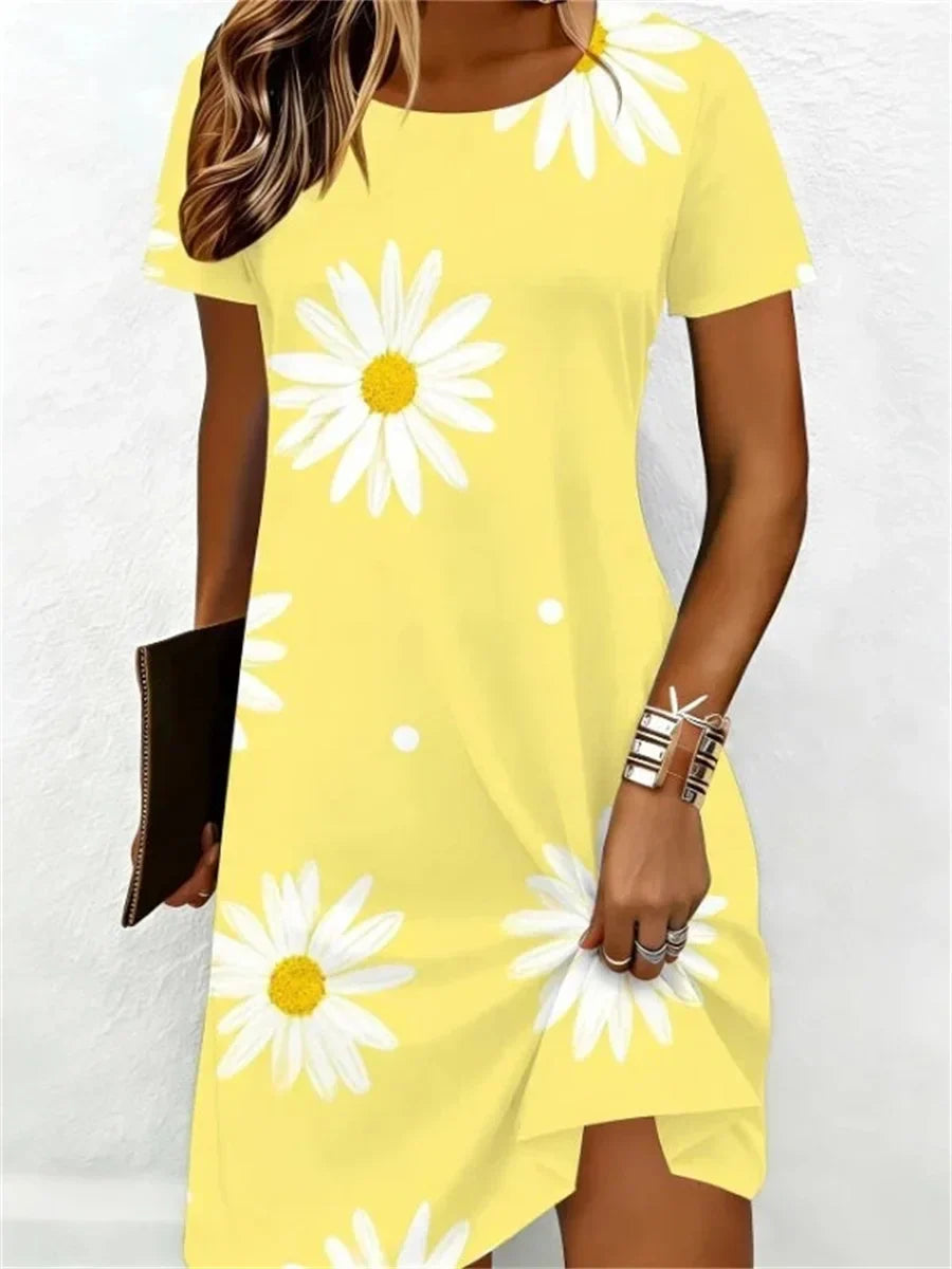 Vintage Floral Print Round Neck Short Sleeve Dress