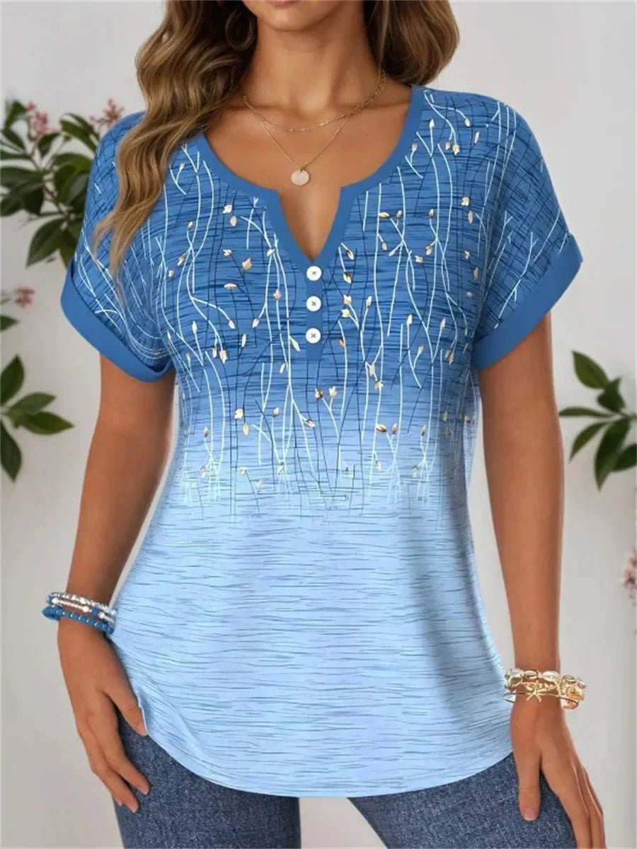 Vintage Floral Print V-neck Short Sleeve Blouse