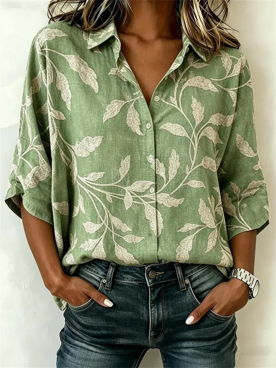 Oversized Leaf Print 3/4 Sleeve Button-Down Blouse