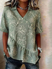 Green Floral Print Short Sleeve Asymmetric Ruffle Blouse