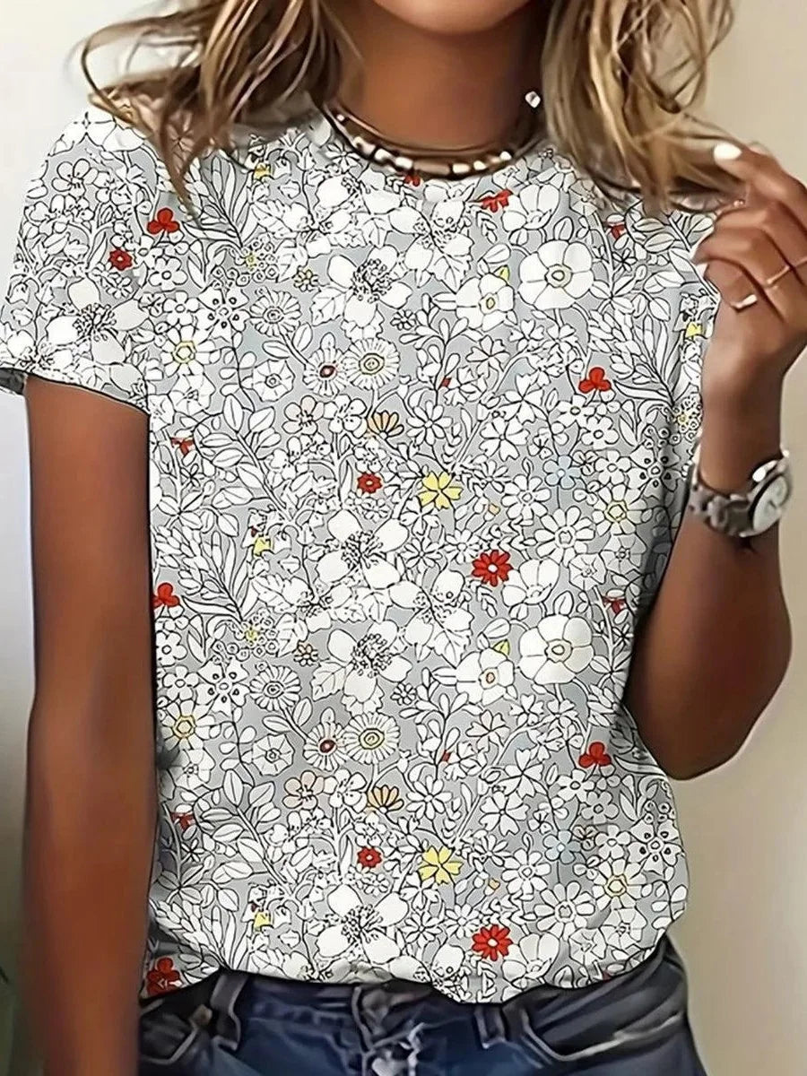 Grey Ditsy Floral Print Round Neck Short Sleeve Casual Top