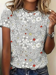 Grey Ditsy Floral Print Round Neck Short Sleeve Casual Top