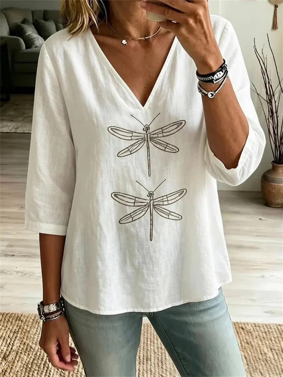 White Dragonfly Print V-Neck 3/4 Sleeve Top