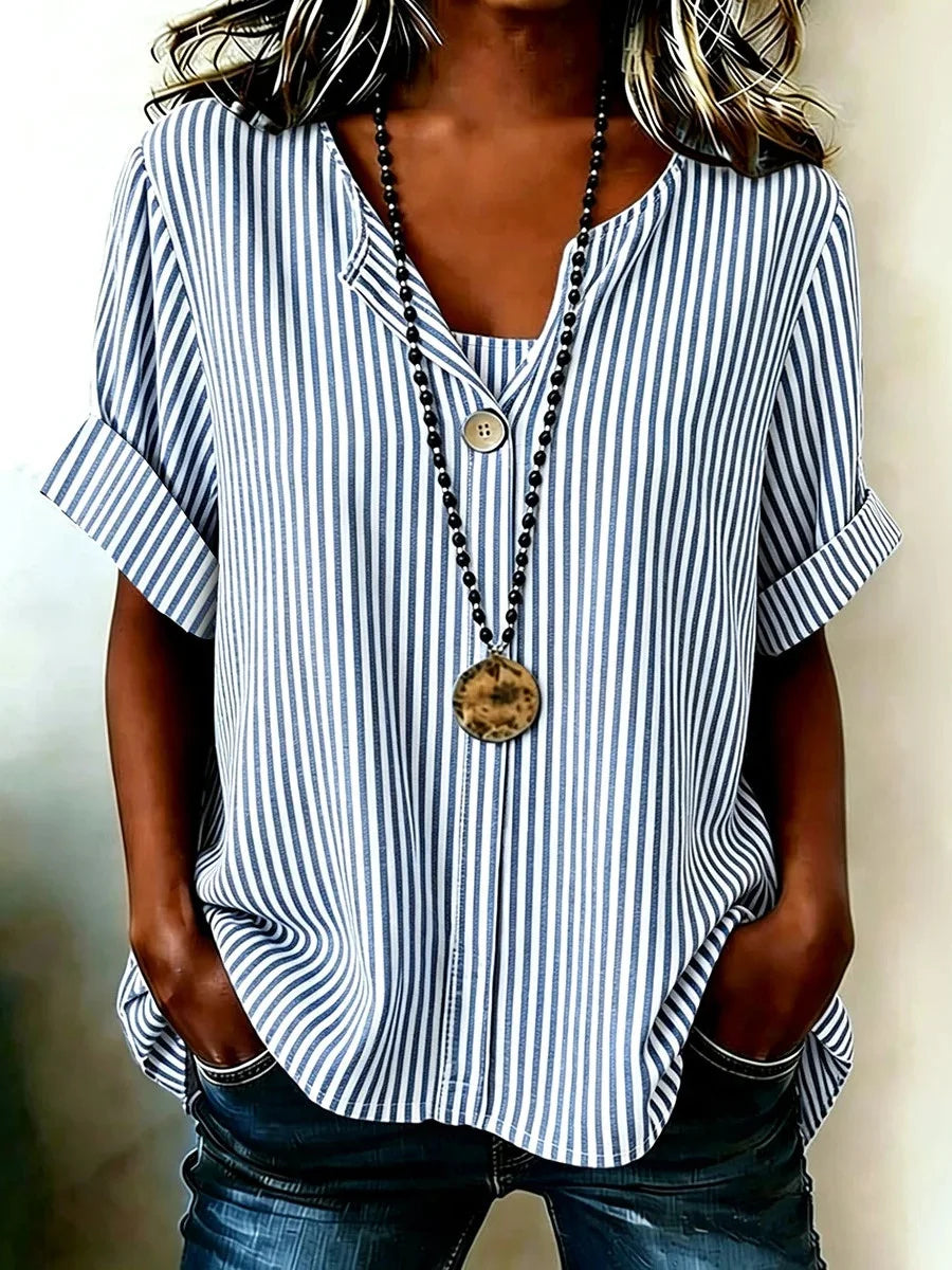 Blue Striped Rolled Sleeve Casual Blouse