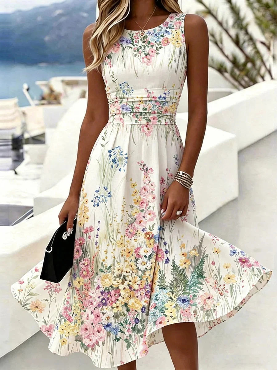 Casual Round Neck Sleeveless Watercolor Floral Midi Dress