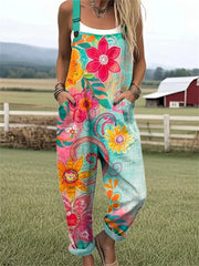 Women's Vintage Floral Pattern Art Print Casual Wide Leg Jumpsuit