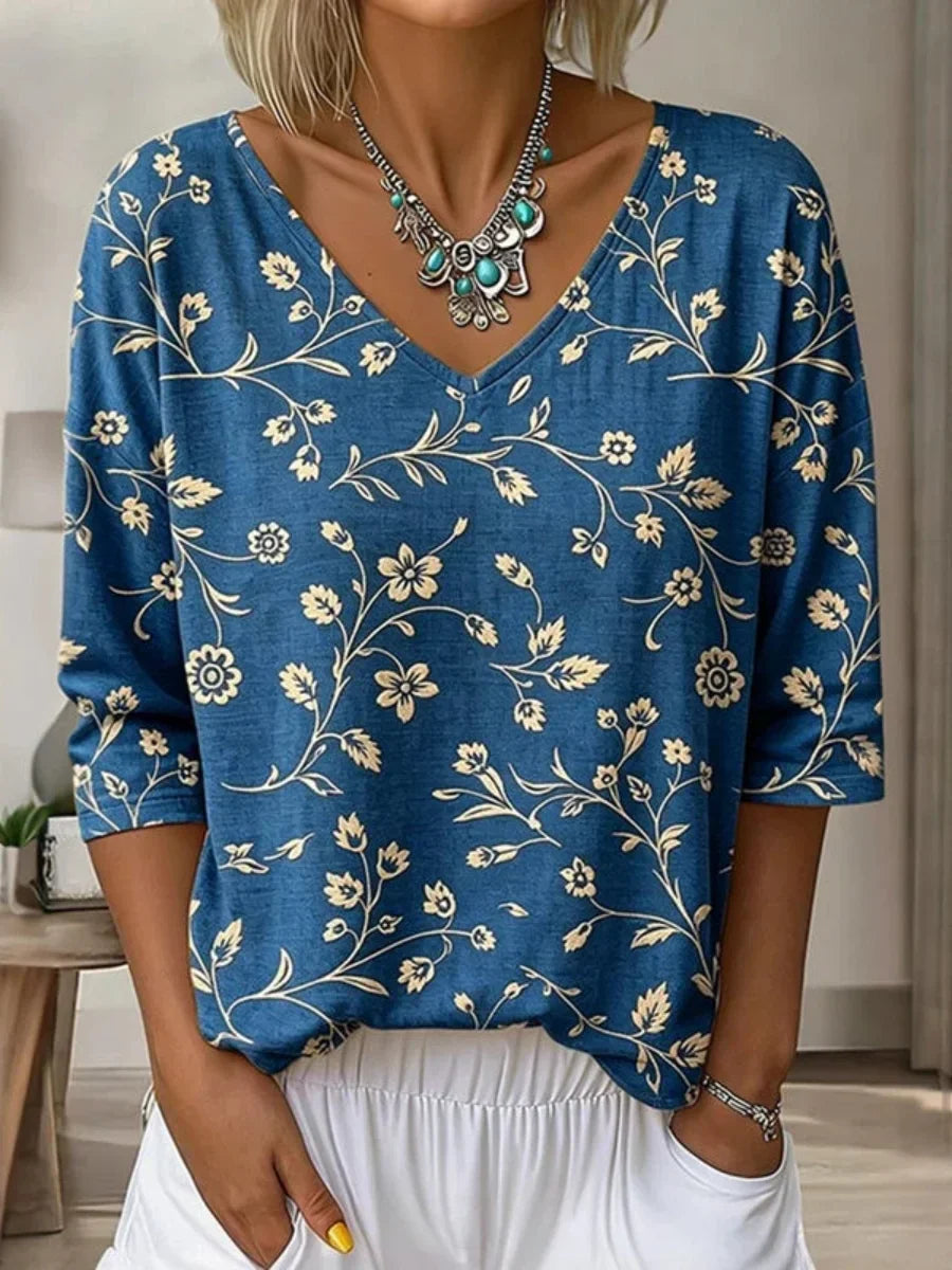 Vintage Floral Print V-neck 3/4 Sleeve T-Shirt