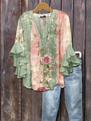 Vintage Floral Print V-neck 3/4 Sleeve Blouse