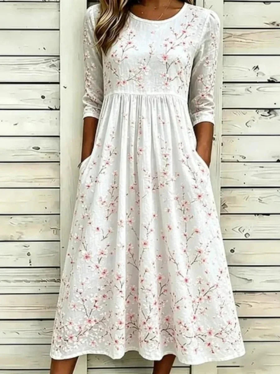 Casual Floral Print Round Neck 3/4 Sleeve Dress
