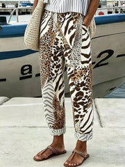 Zebra Leopard Mix Print Elastic Cuff Casual Jogger Pants