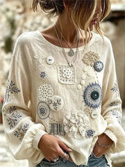 Crew Neck Long Sleeve Floral Printing Lightweight Micro-Elasticity Loose Blouse For Women