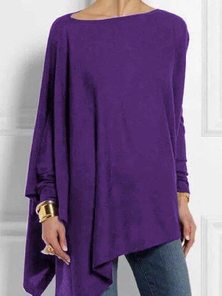 Plain Round Neck Long Sleeves Asymmetrical Tops