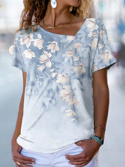 Floral Print Asymmetrical Short Sleeves T-shirt