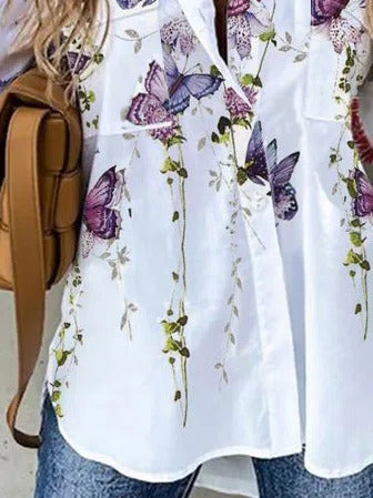 Butterfly Print Collared Buttons Long Sleeves Blouse