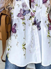 Butterfly Print Collared Buttons Long Sleeves Blouse