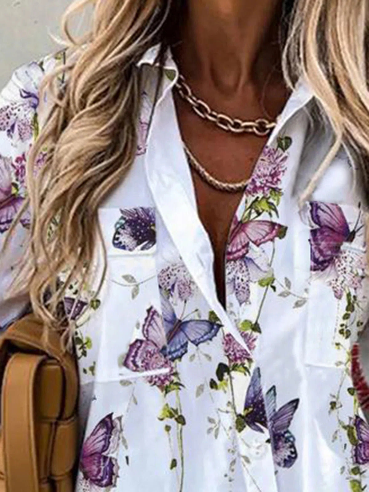 Butterfly Print Collared Buttons Long Sleeves Blouse