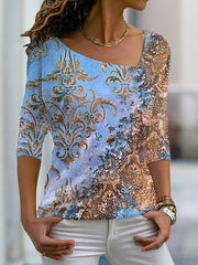 Marbling Print Asymmetric V-neck Long Sleeves Blouse