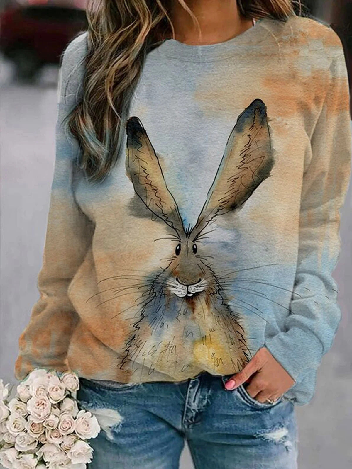 Animal Print Crew Neck Long Sleeves Sweatshirt
