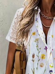 Floral Print Lapel Buttons Short Sleeves Blouse