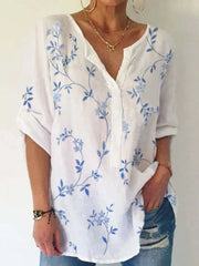 Leaf Print V-neck Buttons Long Sleeves Shirt