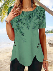 Tree Print Buttons Irregular Hem Short Sleeves T-shirt