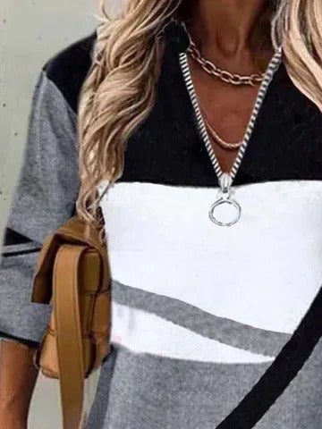 Color Block Casual Zipper Long Sleeves Sweatshirt