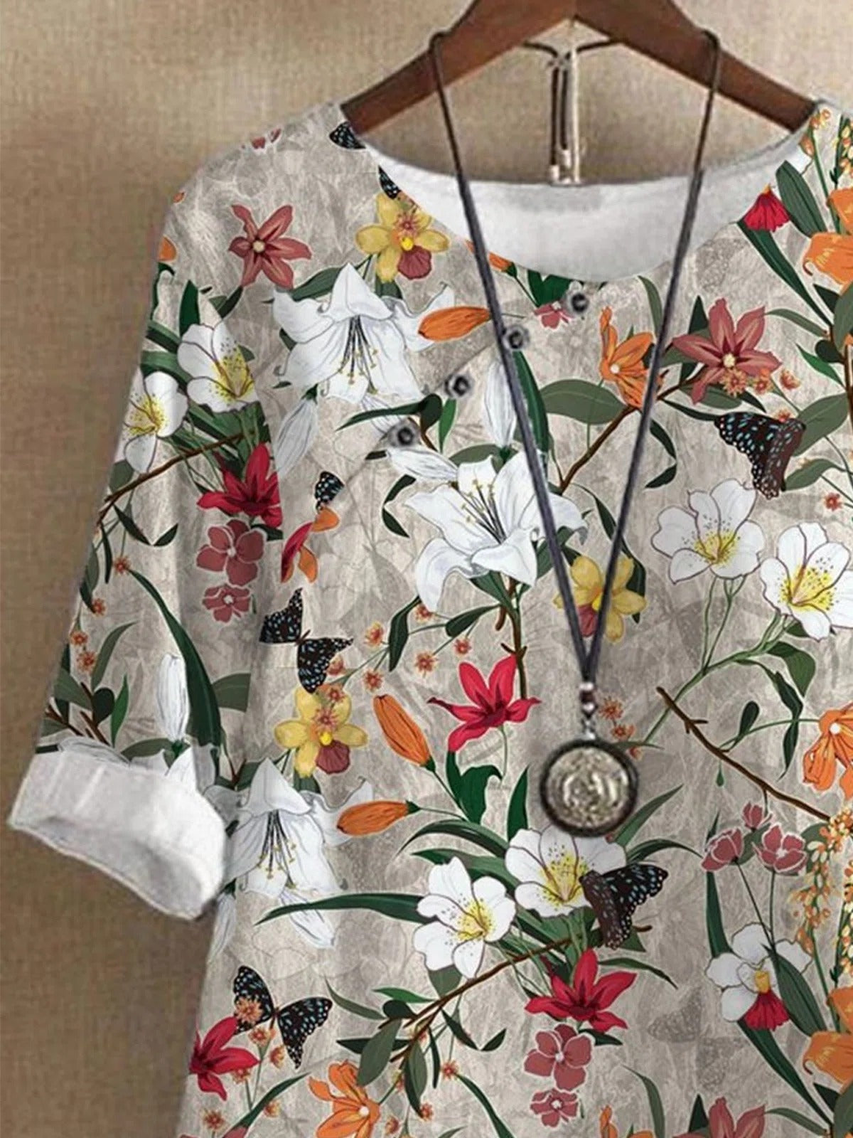 Floral Print Crew Neck Buttons Half Sleeves Blouse