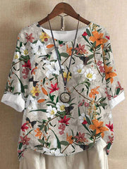 Floral Print Crew Neck Buttons Half Sleeves Blouse