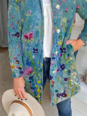 Floral Print Collared Casual Long Sleeves Coat