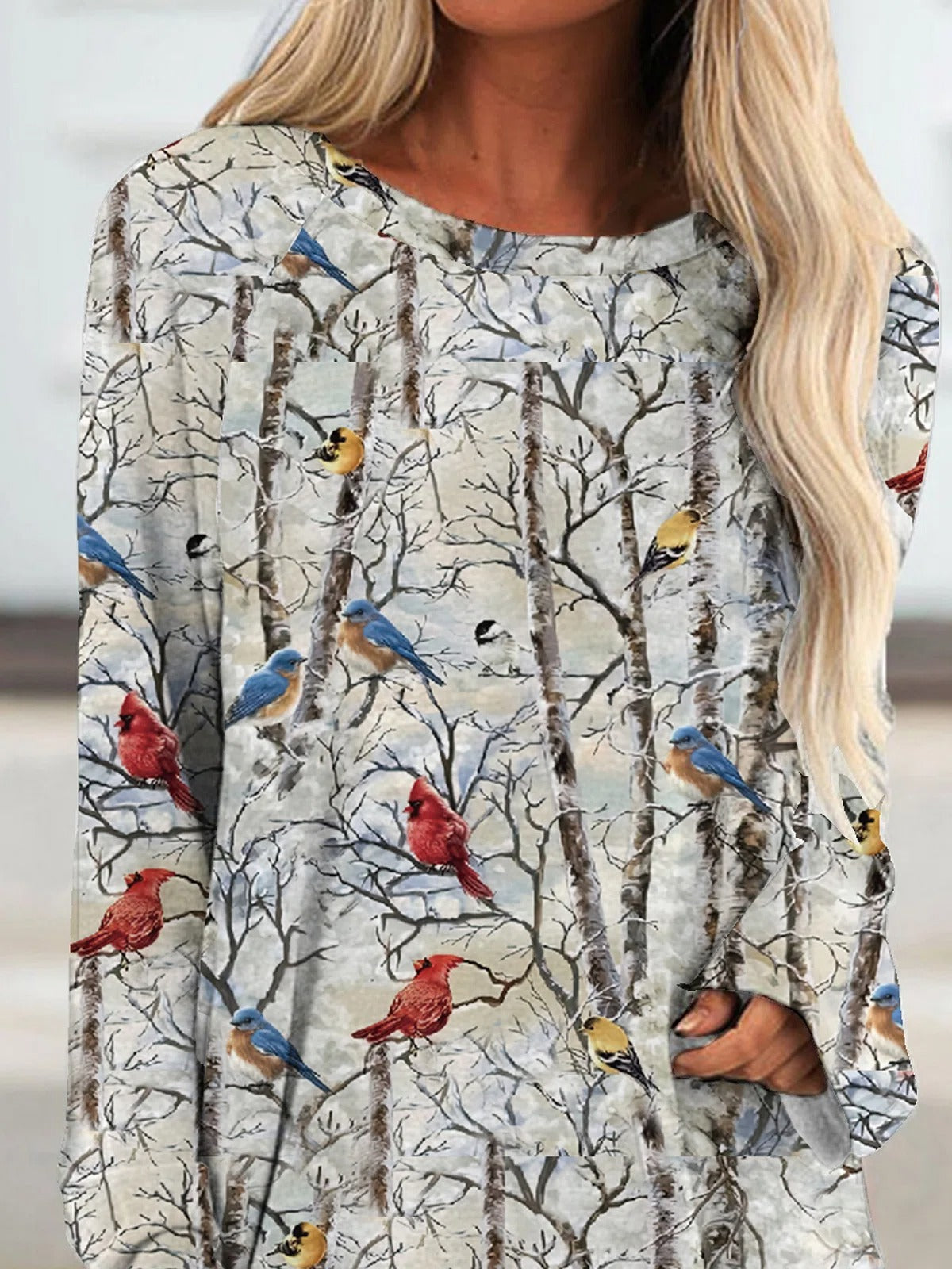 Cute Birds Print Crew Neck Long Sleeves Sweatshirt