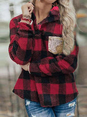 Casual Plaid Collared Long Sleeves Plush Warm Coat