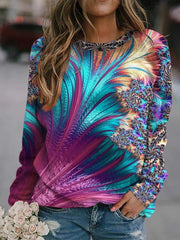 Feather Print Crew Neck Long Sleeves Sweatshirt