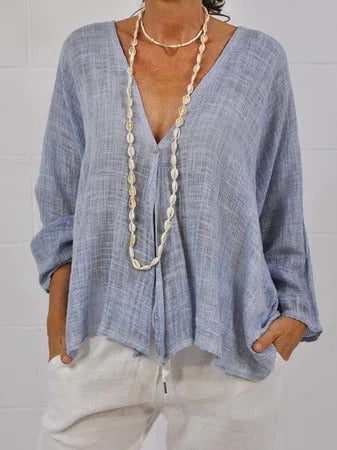 Solid Color V-neck Buttons Long Sleeves Blouse