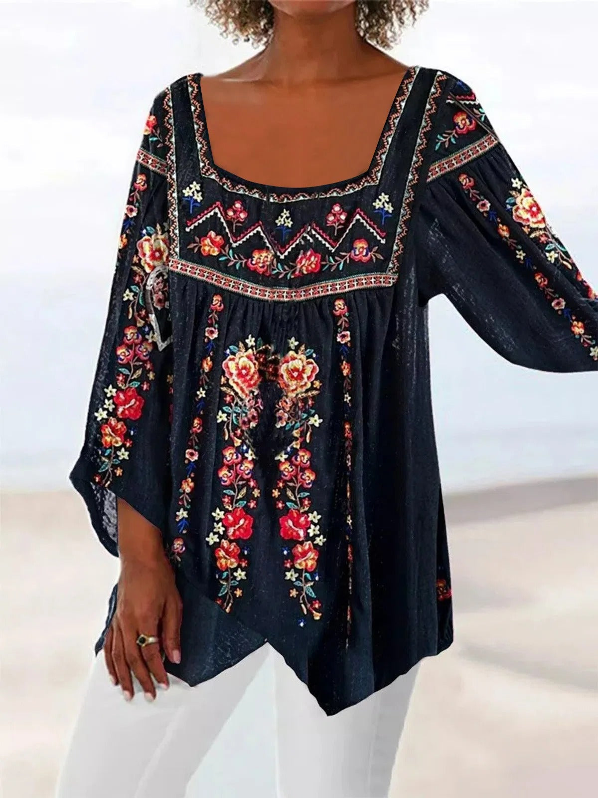 Tribal Floral Print Square Neck 3/4 Sleeves Blouse