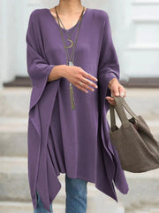 Solid Color V-neck Bat Sleeves Casual Long Sweater