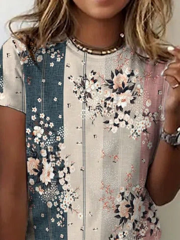 Floral Print Stripe O-neck Short Sleeves T-shirt