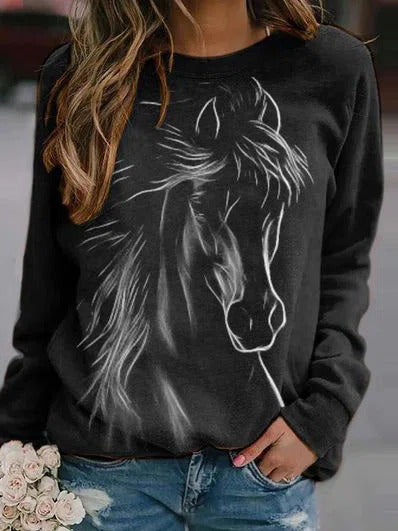 Horse Head Print Crew Neck Long Sleeves Sweatshirt