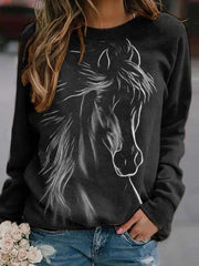 Horse Head Print Crew Neck Long Sleeves Sweatshirt