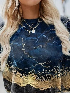 Marbling Print Casual O-neck Long Sleeves Sweatshirt
