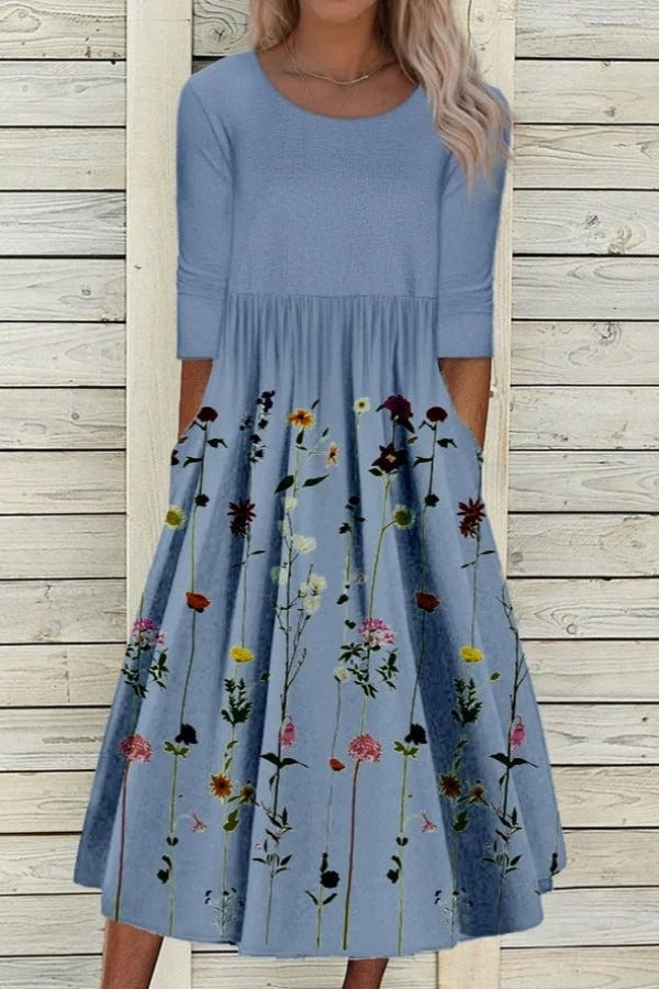 Floral Print Crew Neck Casual Long Sleeves Midi Dress
