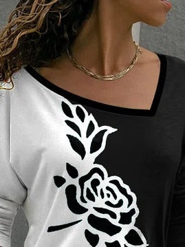 Floral Print Asymmetric V-neck Long Sleeves Sweatshirt