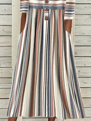 Stripe Print Scoop Neck Buttons Half Sleeves Midi Dress