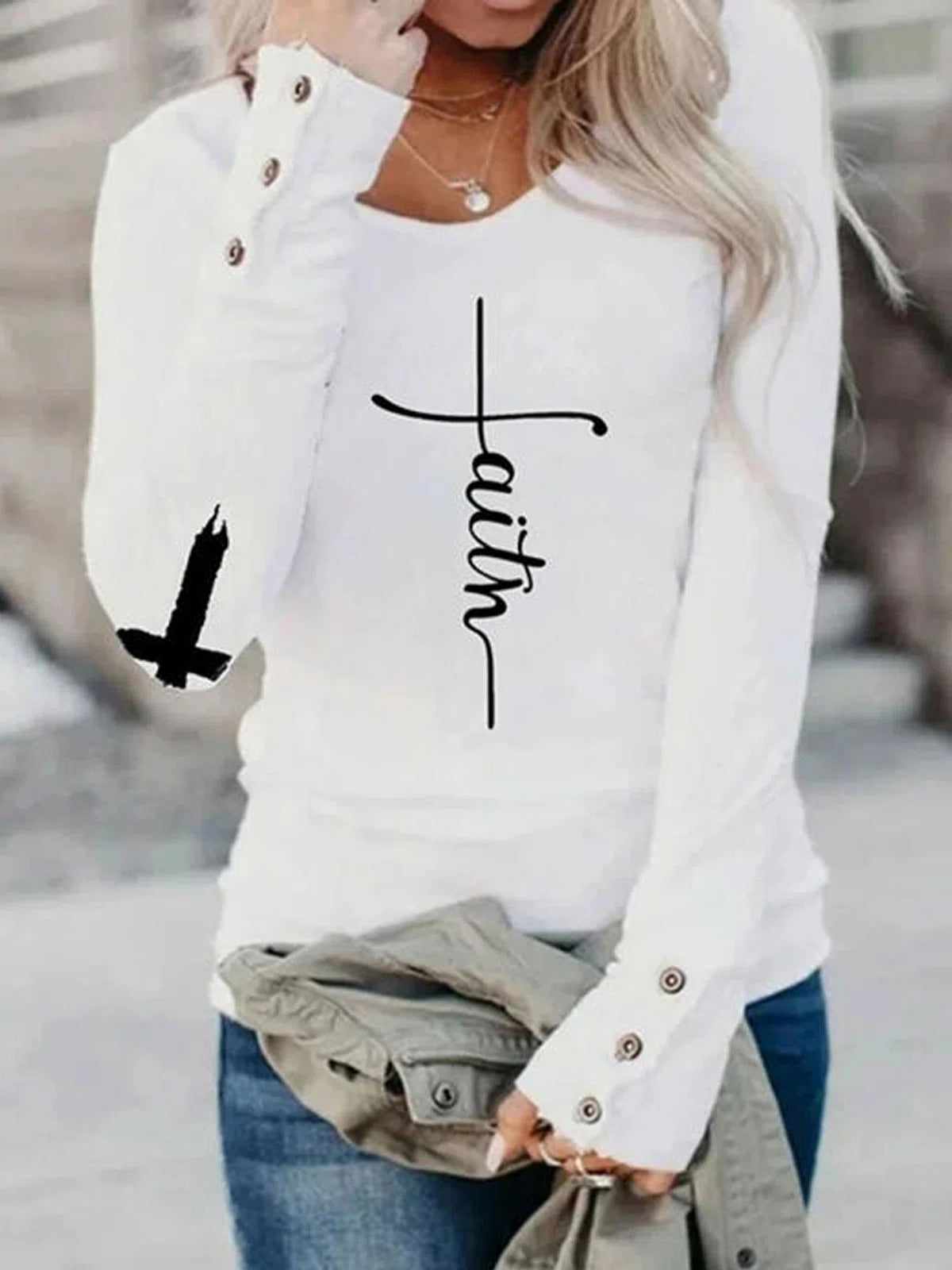 Alphabet Print Crew Neck Buttons Long Sleeves Sweatshirt