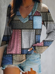 Color Block Patchwork V-neck Long Sleeves Sweatshirt