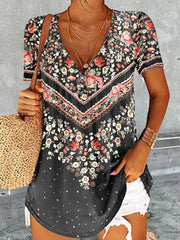 Floral Print V-neck Casual Short Sleeves T-shirt