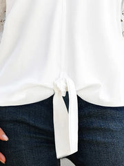 Solid Color V-neck Knot-front Lace Half Sleeves T-shirt
