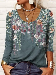 Leaf Print Cotton-Blend Loose Blouse