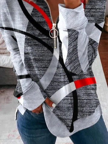 Geometric Print Half Zip Lapel Long Sleeves Sweatshirt