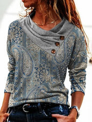 Paisley Print Buttons Cowl Neck Long Sleeves Sweatshirt